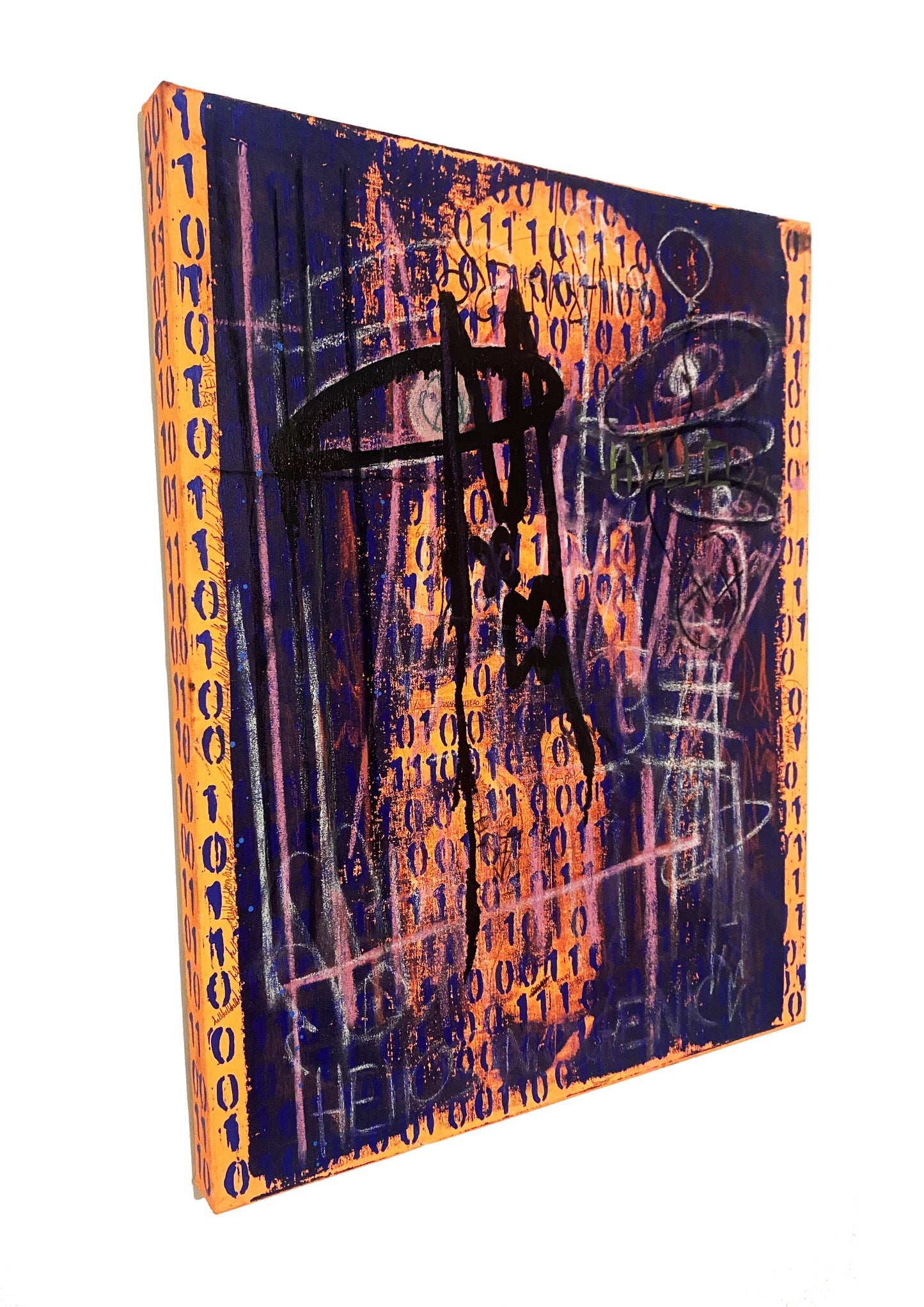 (binary utero) screen print over deep edged canvas with oil pastels, chalk x ink (55 cm x 70 cm)